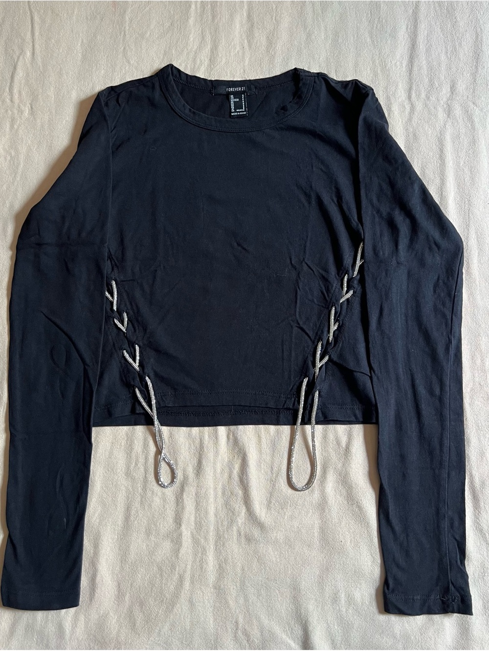Forever 21 Black Long-Sleeve Crop Top with Silver Side Lacing